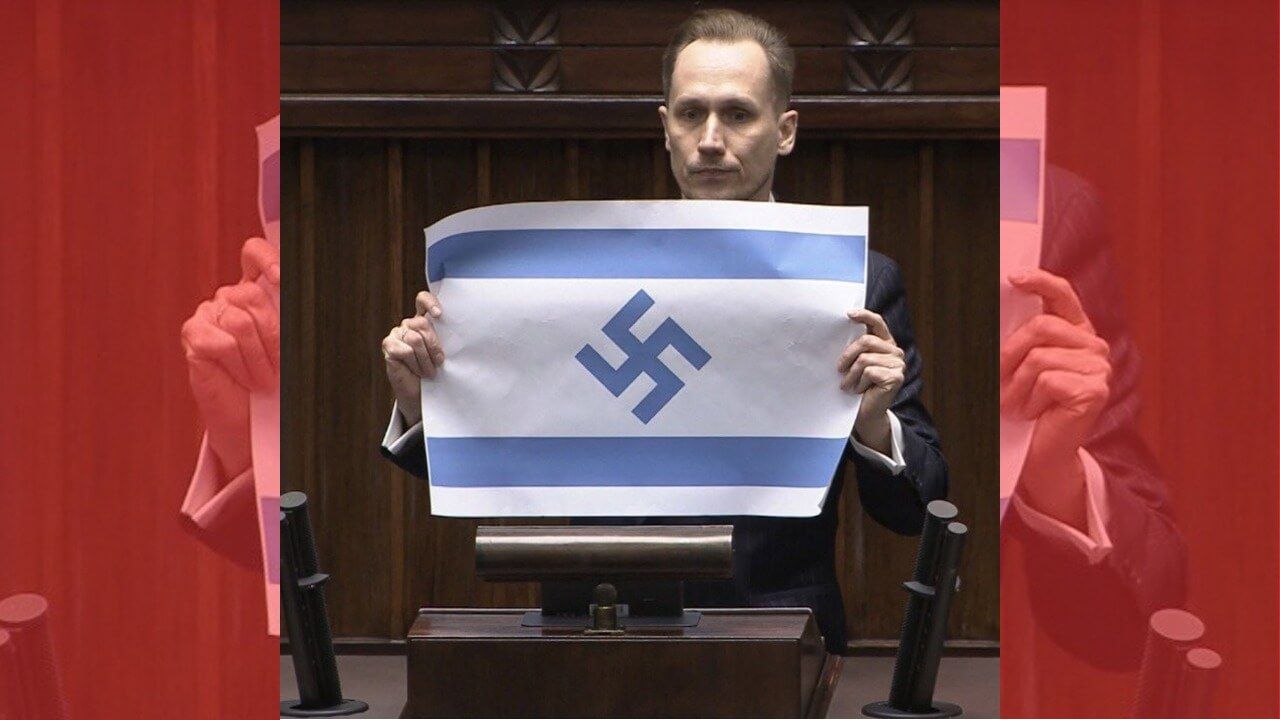 পোলিশ পার্লামেন্টে নাৎসি প্রতীকযুক্ত ইসরায়েলি পতাকা প্রদর্শন